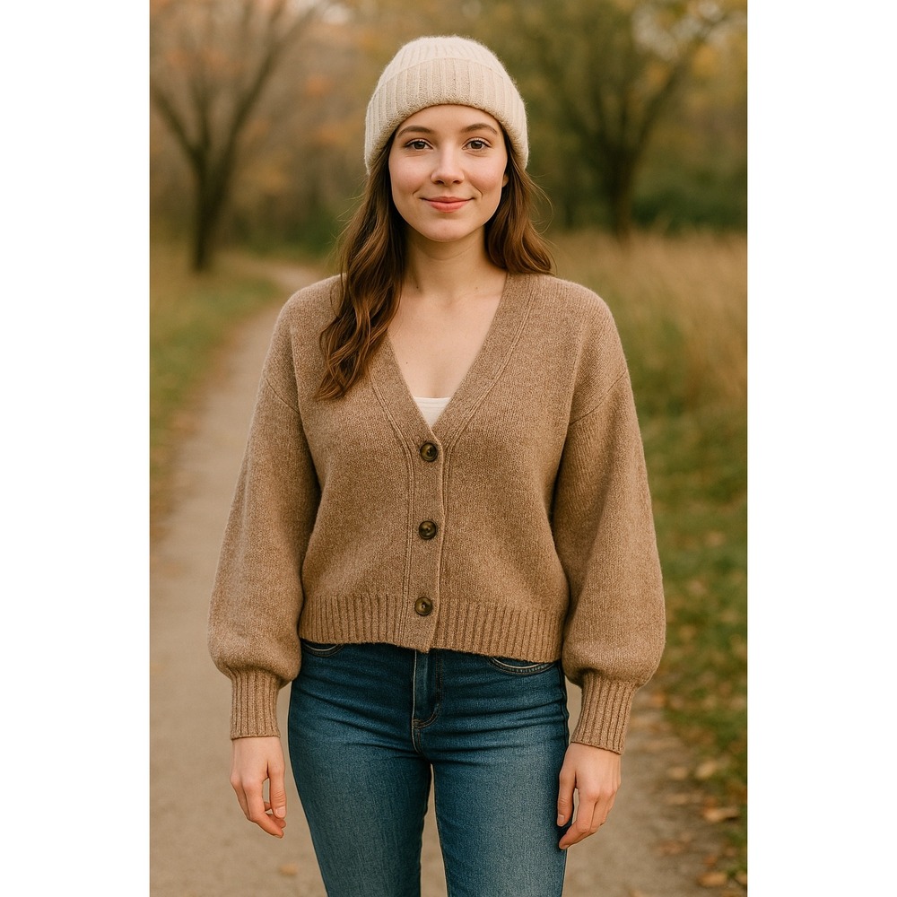 E&M Tan Balloon Sleeve Button Front Cardigan Sweater Women's L Soft Knit Cozy